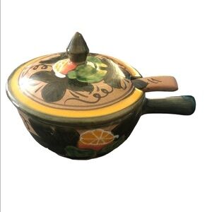 Mexican Pottery Salsa Dish 3PC Handle & Spoon Cover Floral Serveware 5”X3”